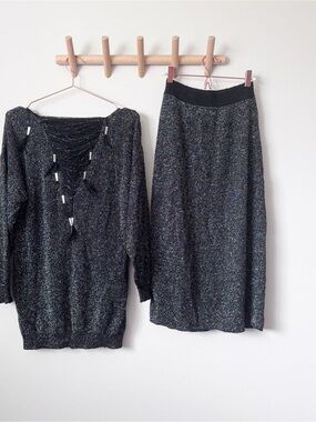 Brenda French Vintage Black Metallic Sweater and Knit Midi Skirt  Set